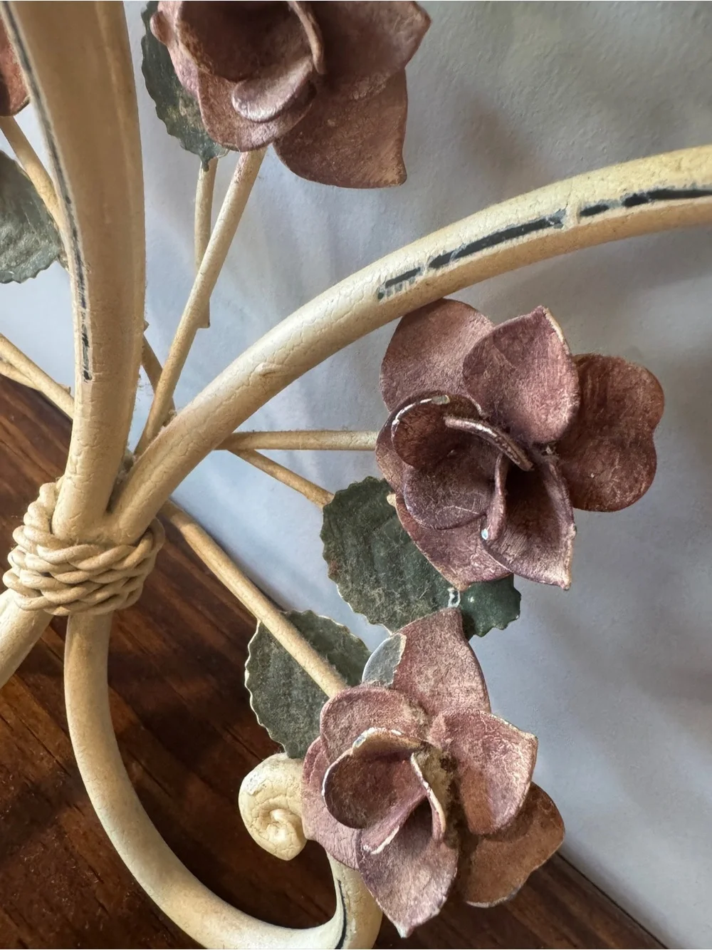 Vintage Decorative Wrought Iron Wall Hook with Pink Rose Accents